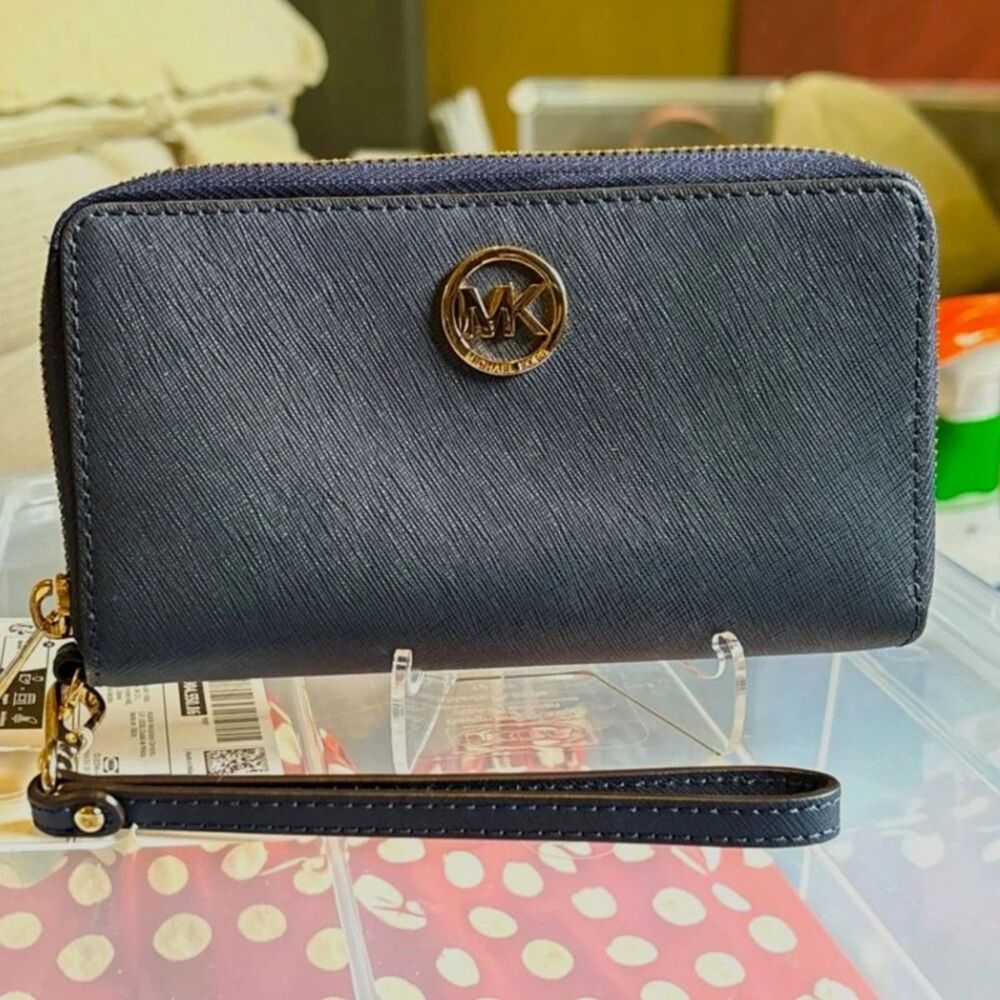 Michael Kors Navy Saffiano Leather Zip Around Wristlet Wallet Gold MK